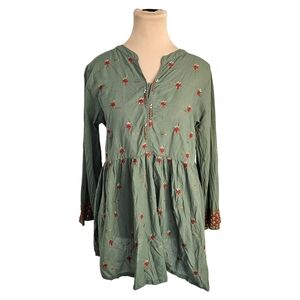 Beechtree Green Peplum Tunic with Mandarin Collar W/ Embroidering Sz 10